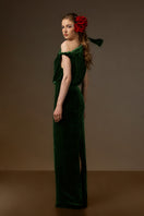 Dark green velvet one-shoulder gown by I.H.F featuring a flow drape and asymmetric design, perfect for elegant occasions.