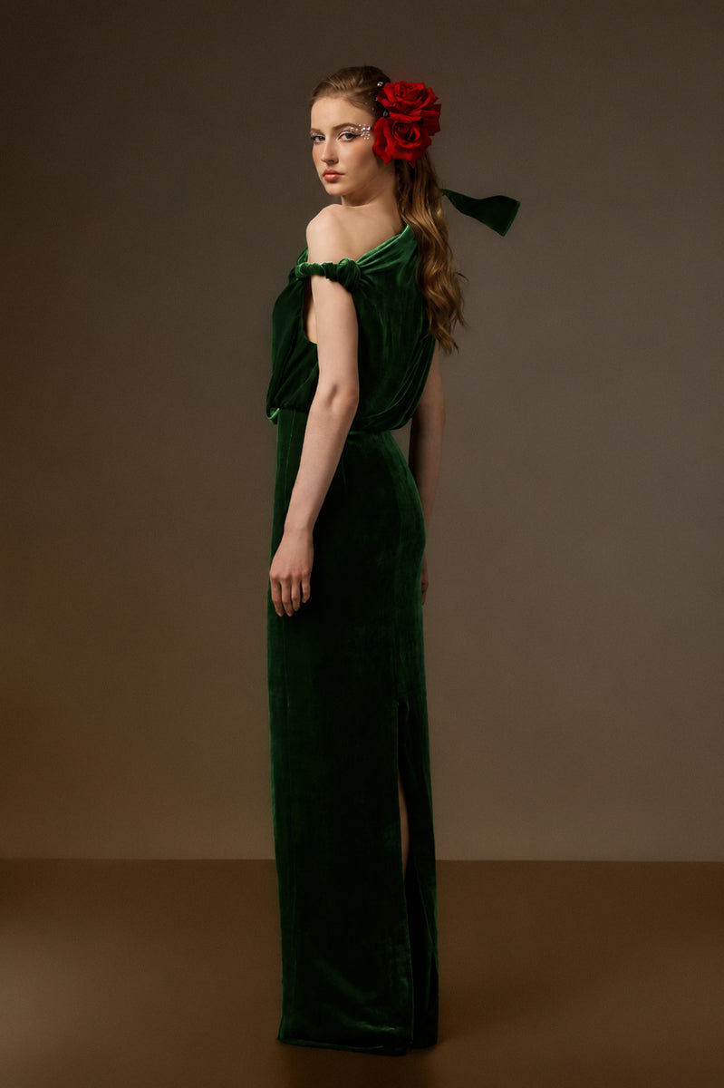 Dark green velvet one-shoulder gown by I.H.F featuring a flow drape and asymmetric design, perfect for elegant occasions.