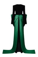 Elegant green Loreli crepe and taffeta gown by I.H.F featuring a flowing silhouette and intricate fabric details.