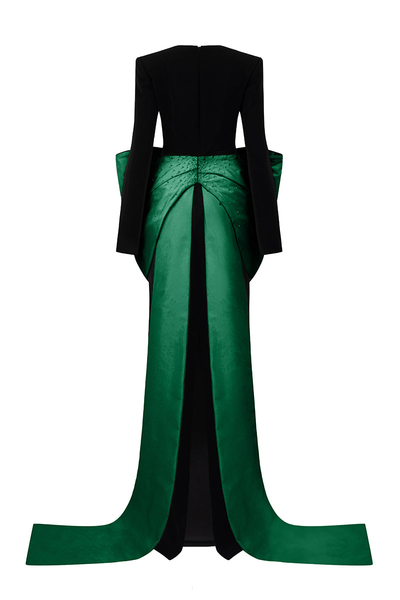 Elegant green Loreli crepe and taffeta gown by I.H.F featuring a flowing silhouette and intricate fabric details.