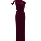 Dark pink velvet one-shoulder gown with asymmetric drape detail, designed by I.H.F, featuring a sleek column silhouette.