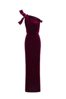Dark pink velvet one-shoulder gown with asymmetric drape detail, designed by I.H.F, featuring a sleek column silhouette.