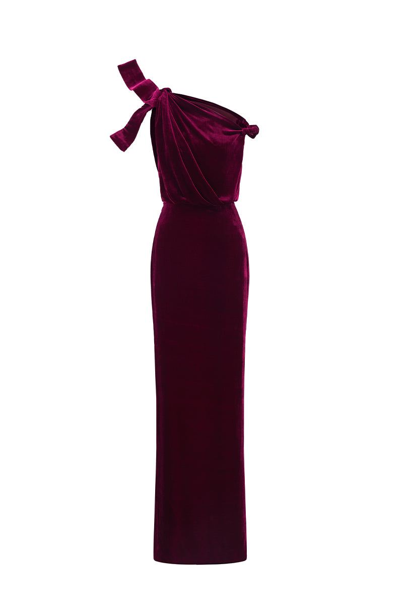 Dark pink velvet one-shoulder gown with asymmetric drape detail, designed by I.H.F, featuring a sleek column silhouette.