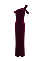 Dark pink velvet one-shoulder gown with asymmetric design and flowing drape by I.H.F, featuring a sleek column silhouette.