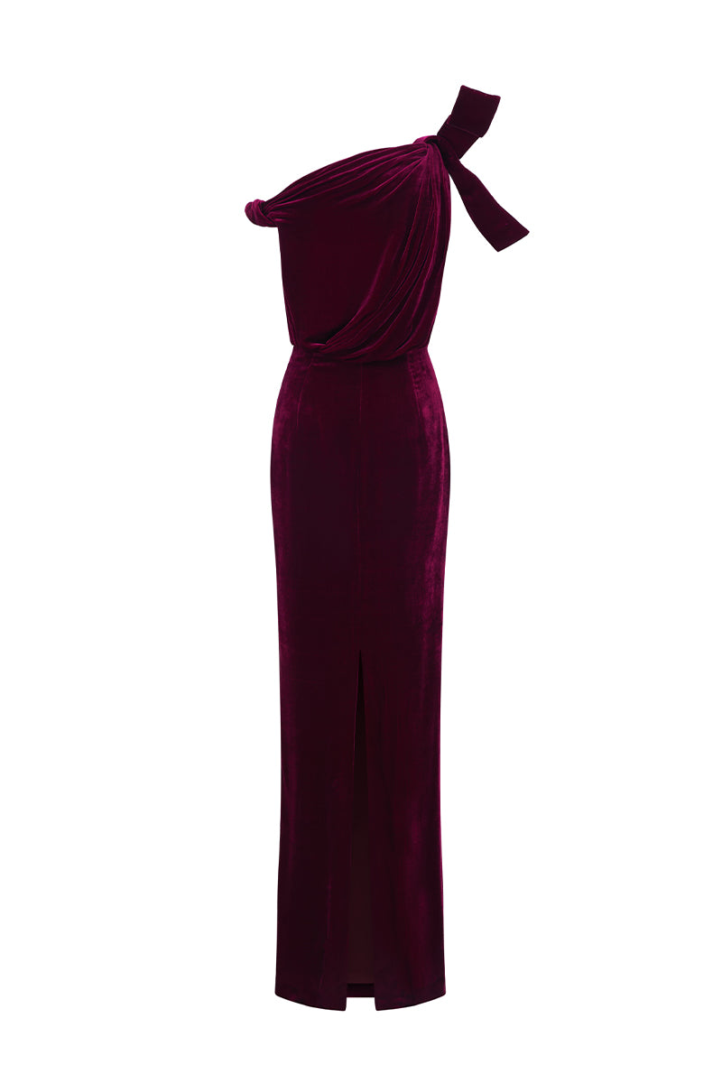 Dark pink velvet one-shoulder gown with asymmetric design and flowing drape by I.H.F, featuring a sleek column silhouette.