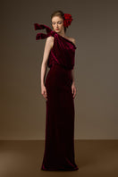 Dark pink velvet one-shoulder column gown with flowing drape detail by I.H.F, featuring an asymmetric design.