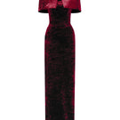 Dark red strapless column gown with mini velvet cape by I.H.F, featuring elegant design and luxurious grain velvet fabric.