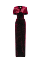 Dark red strapless column gown with mini velvet cape by I.H.F, featuring elegant design and luxurious grain velvet fabric.