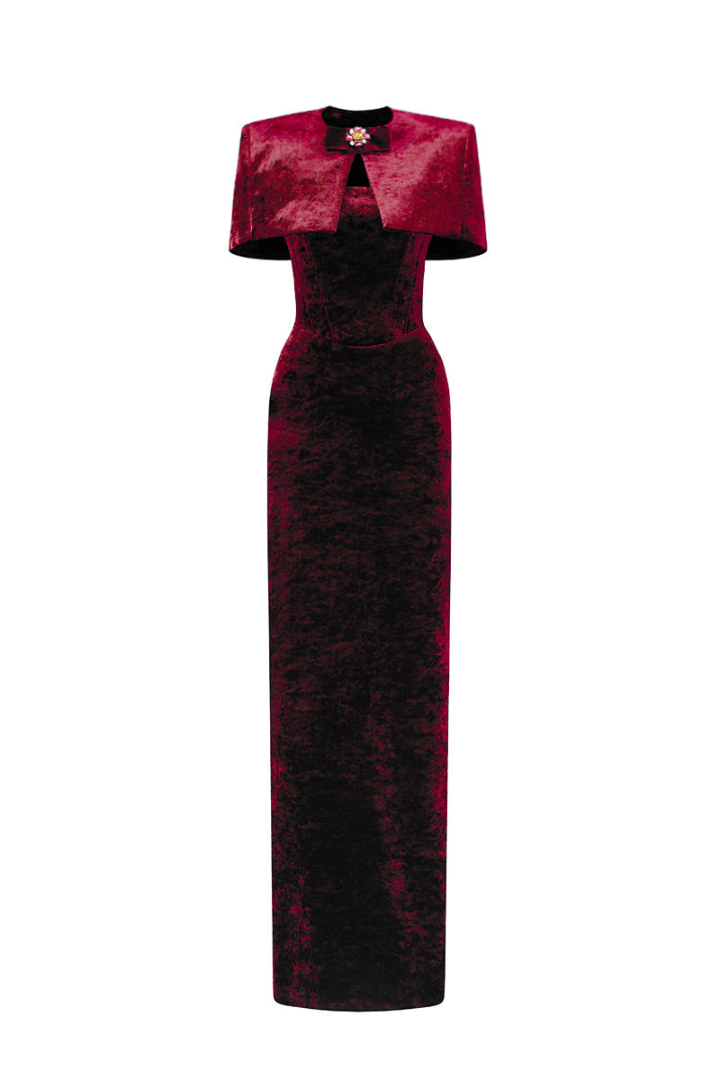 Dark red strapless column gown with mini velvet cape by I.H.F, featuring elegant design and luxurious grain velvet fabric.