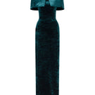 Green strapless column gown with a mini cape in grain velvet by I.H.F, featuring a sleek silhouette and elegant design.