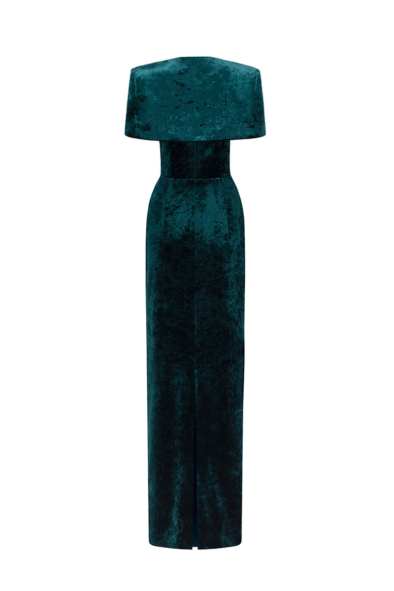 Green strapless column gown with a mini cape in grain velvet by I.H.F, featuring a sleek silhouette and luxurious textured fabric.