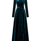 Green V-neck A-line gown with long sleeves in grain velvet by I.H.F, featuring a fitted waist and elegant flowing skirt.