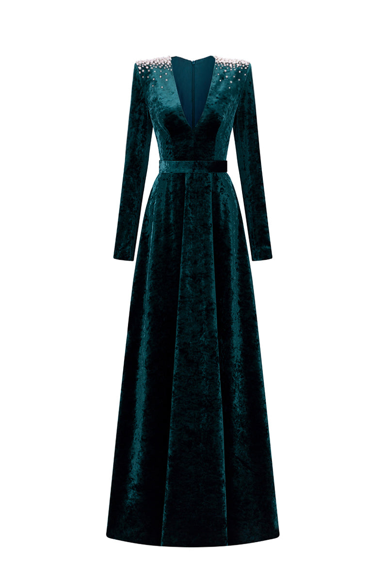 Green V-neck A-line gown with long sleeves in grain velvet by I.H.F, featuring a fitted waist and elegant flowing skirt.
