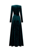 Green V-neck A-line gown with long sleeves in grain velvet by I.H.F, shown on a model with a flowing design.