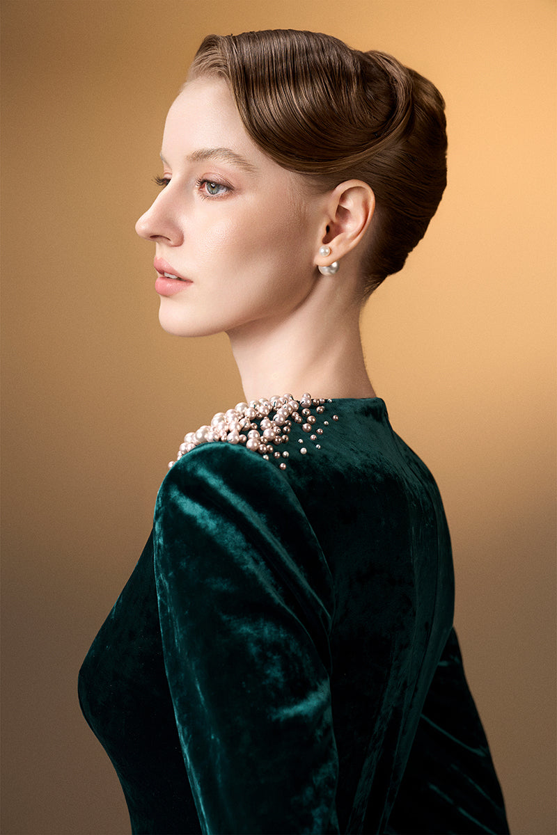 Green V-neck A-line gown by I.H.F with long sleeves in soft grain velvet fabric, elegant and comfortable evening wear.