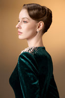 Green V-neck A-line gown by I.H.F with long sleeves in soft grain velvet fabric, elegant and comfortable evening wear.