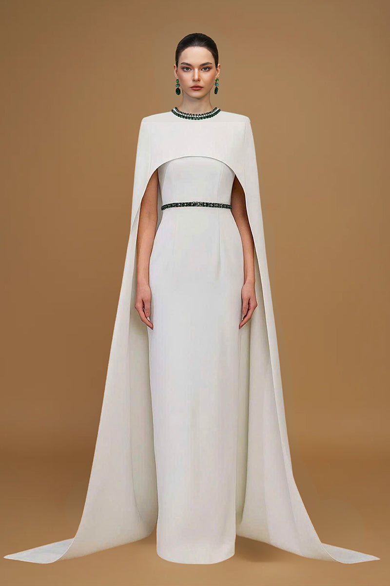 CREPE AND SILK LINED CAPPED WHITE GOWN