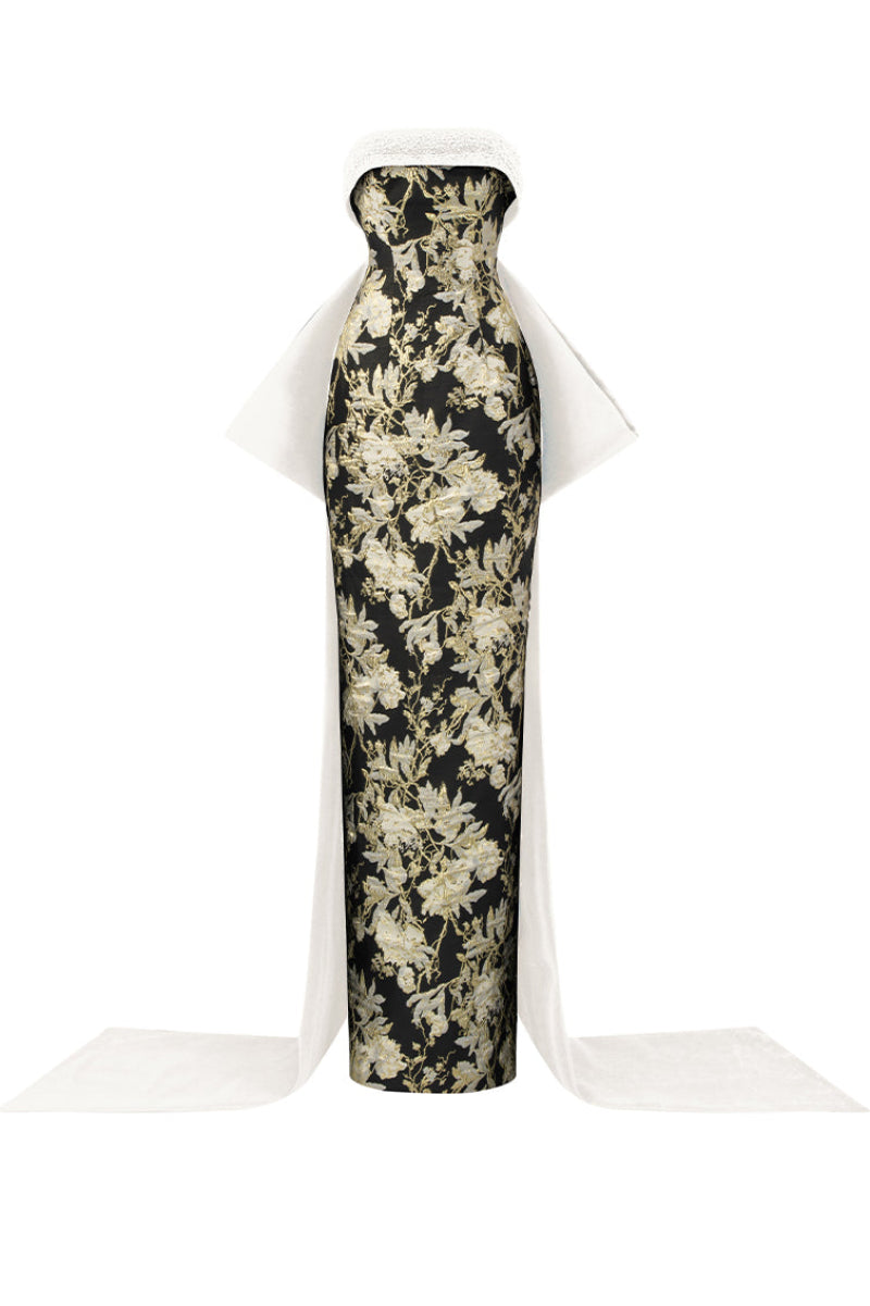 Elegant Versailles jacquard and taffeta gown by I.H.F with intricate detailing and flowing silhouette, perfect for formal occasions.