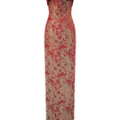 Red metallic jacquard and silk taffeta gown by I.H.F, elegant floor-length dress with intricate fabric details.