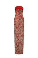 Red metallic jacquard and silk taffeta gown by I.H.F, elegant floor-length dress with intricate fabric details.