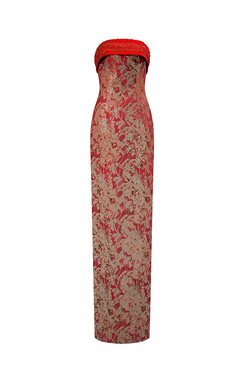 Red metallic jacquard and silk taffeta gown by I.H.F, elegant floor-length dress with intricate fabric details.