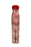 Red metallic jacquard and silk taffeta gown by I.H.F, featuring elegant draping and intricate fabric details.