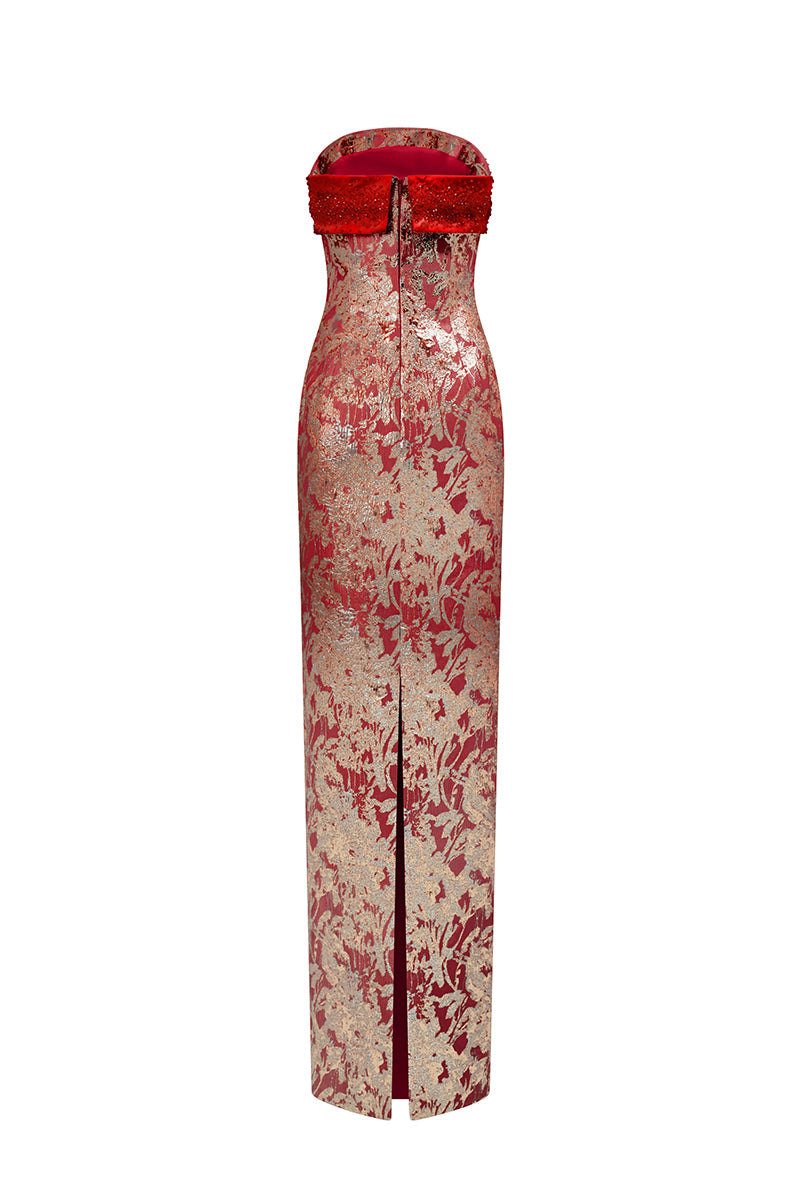 Red metallic jacquard and silk taffeta gown by I.H.F, featuring elegant draping and intricate fabric details.