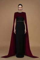 Elegant crepe and silk-lined capped wine gown by I.H.F, featuring a flowing design and sophisticated details.