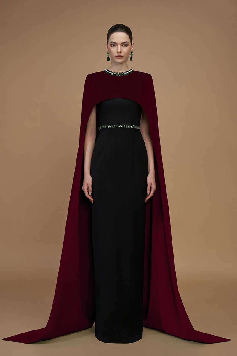Elegant crepe and silk-lined capped wine gown by I.H.F, featuring a flowing design and sophisticated details.