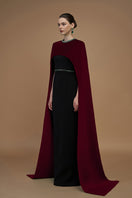 I.H.F crepe and silk lined capped wine gown with elegant draping and fitted bodice, showcasing luxurious fabric and sophisticated design.