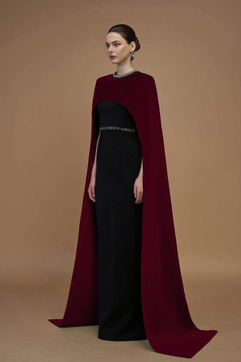 I.H.F crepe and silk lined capped wine gown with elegant draping and fitted bodice, showcasing luxurious fabric and sophisticated design.