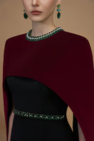 Elegant I.H.F crepe and silk lined capped wine gown with flowing fabric and sophisticated design, perfect for formal occasions.