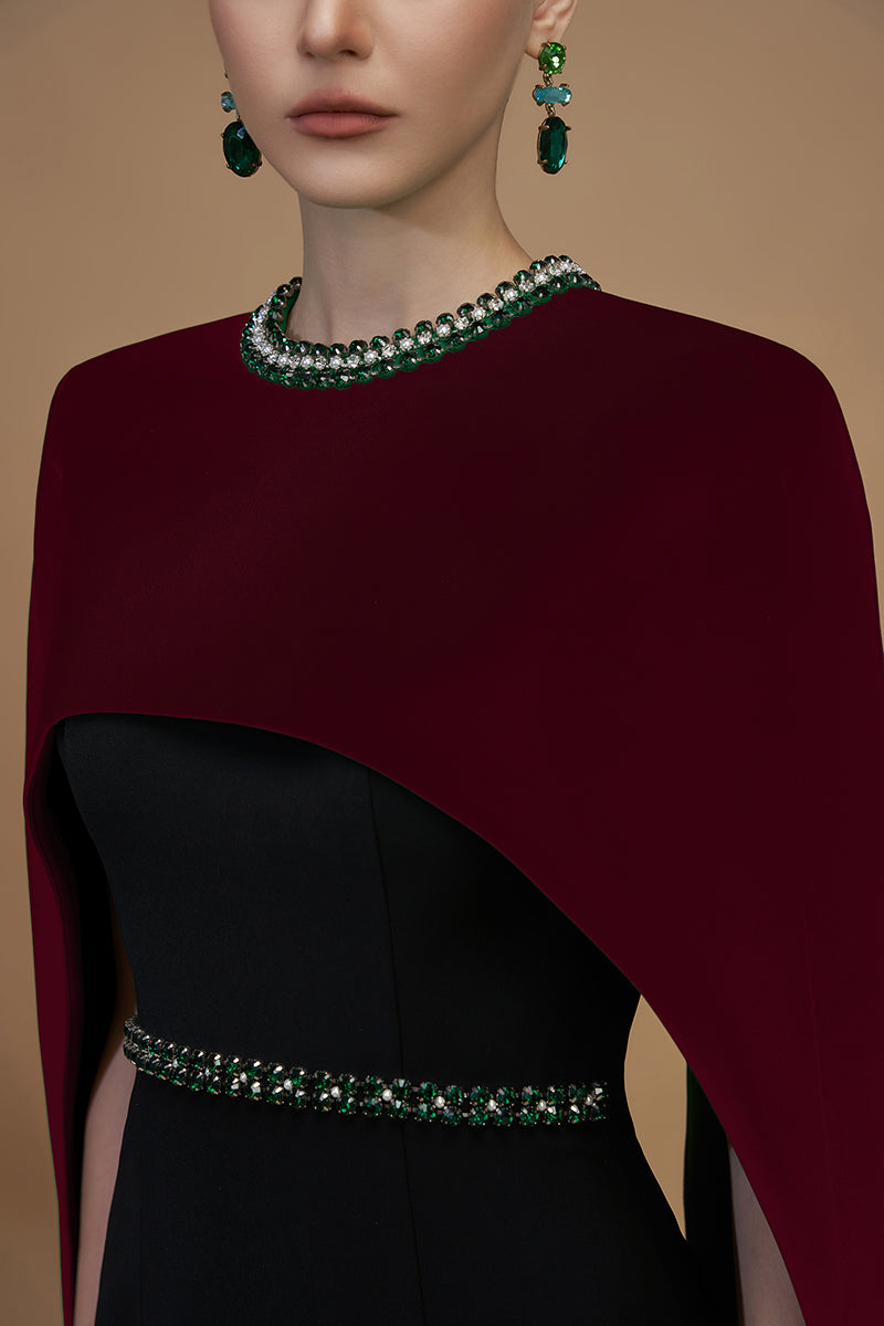 Elegant I.H.F crepe and silk lined capped wine gown with flowing fabric and sophisticated design, perfect for formal occasions.