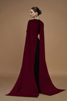 Elegant crepe and silk lined capped wine gown by I.H.F, showcasing a flowing design with delicate capped sleeves.