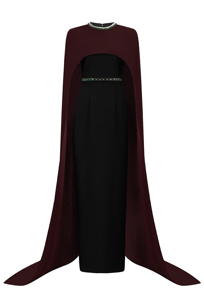 CREPE AND SILK LINED CAPPED WINE GOWN