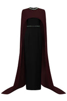I.H.F crepe and silk lined capped wine gown featuring elegant design and luxurious fabric, perfect for formal occasions.