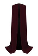 I.H.F crepe and silk lined capped wine gown displayed on a hanger, showcasing elegant fabric and cap sleeve design.