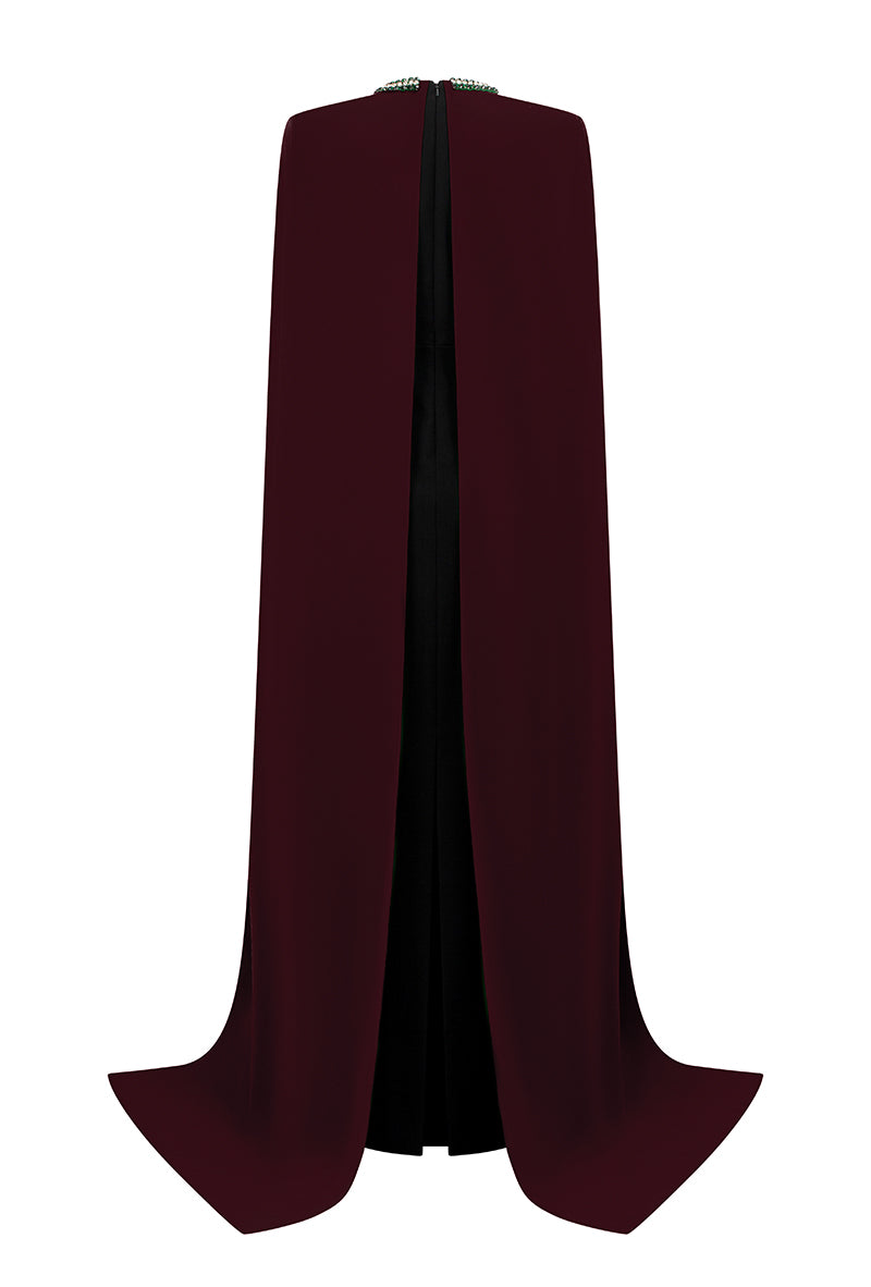 I.H.F crepe and silk lined capped wine gown displayed on a hanger, showcasing elegant fabric and cap sleeve design.