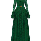 Green round neck A-line gown with ruffle long sleeves in French lace by I.H.F. showcasing a stylish and elegant design.
