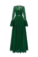 Green round neck A-line gown with ruffle long sleeves in French lace by I.H.F. showcasing a stylish and elegant design.