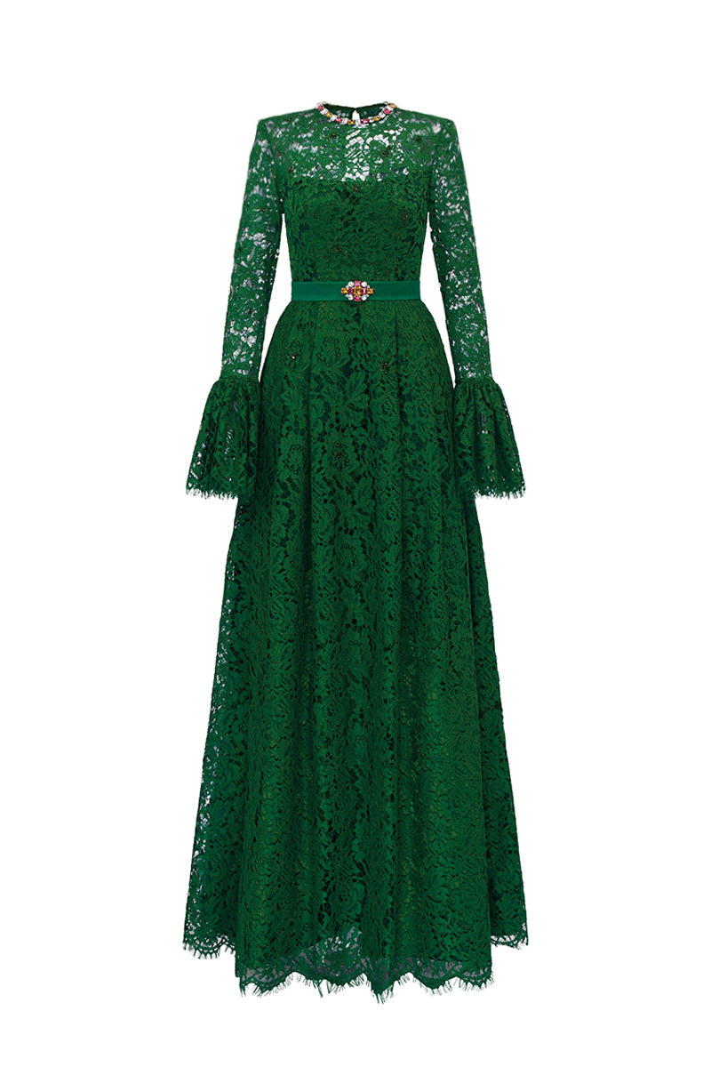 Green round neck A-line gown with ruffle long sleeves in French lace by I.H.F. showcasing a stylish and elegant design.