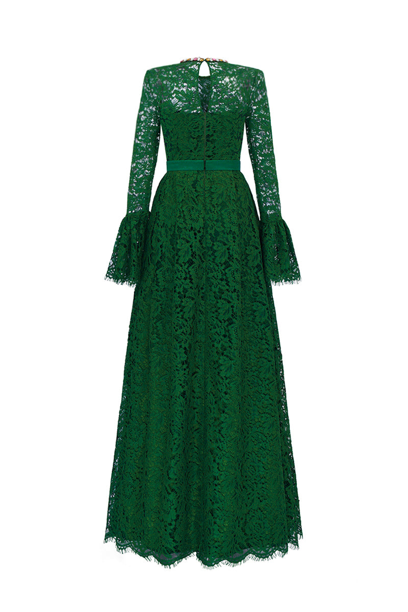 Green round neck A-line gown with ruffle long sleeves in French lace by I.H.F, showcasing elegant design and intricate lace details.