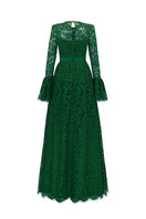 Green round neck A-line gown with ruffle long sleeves in French lace by I.H.F, showcasing elegant design and intricate lace details.