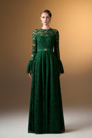 Green round neck A-line gown with ruffle long sleeves in French lace by I.H.F, featuring intricate lace details and a flowing silhouette.