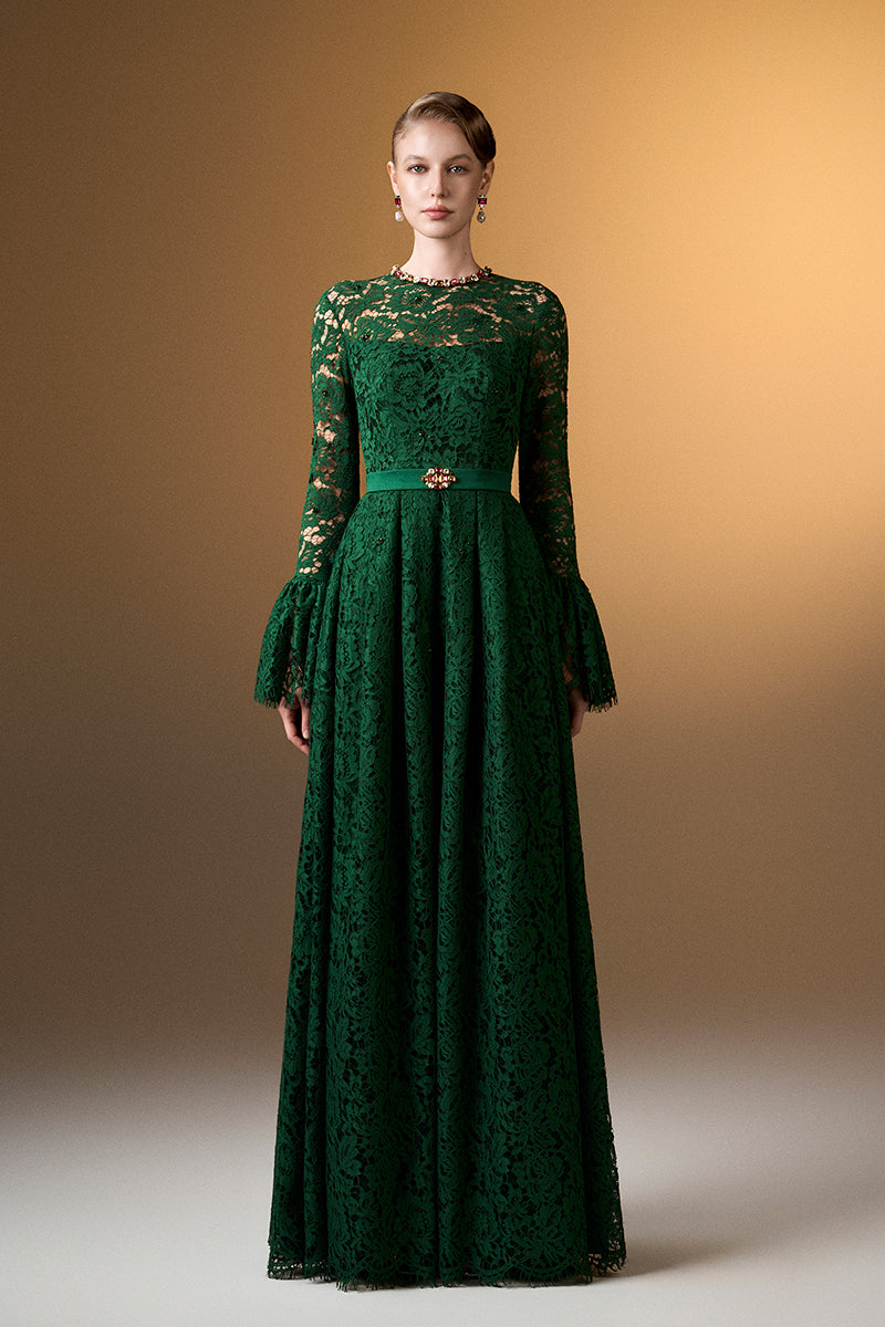 Green round neck A-line gown with ruffle long sleeves in French lace by I.H.F, featuring intricate lace details and a flowing silhouette.
