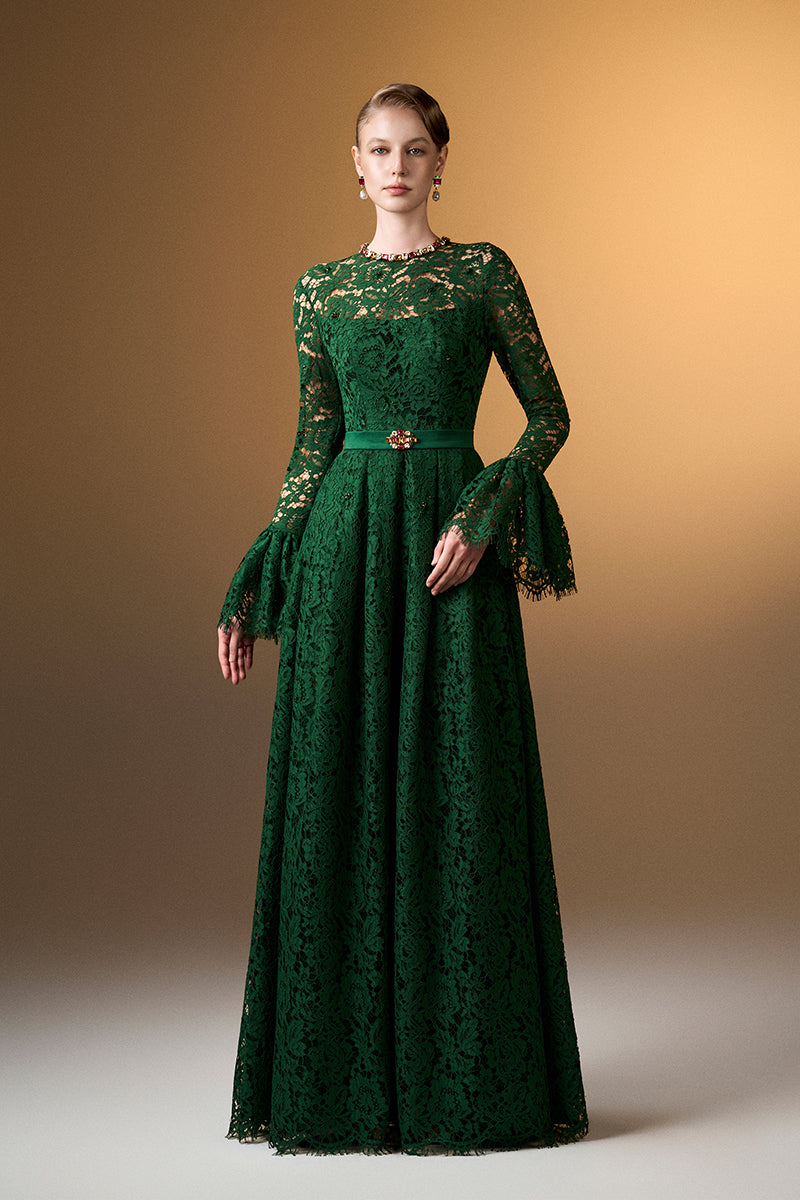 Green round neck A-line gown with ruffle long sleeves in French lace by I.H.F, featuring a flowing silhouette and delicate lace details.