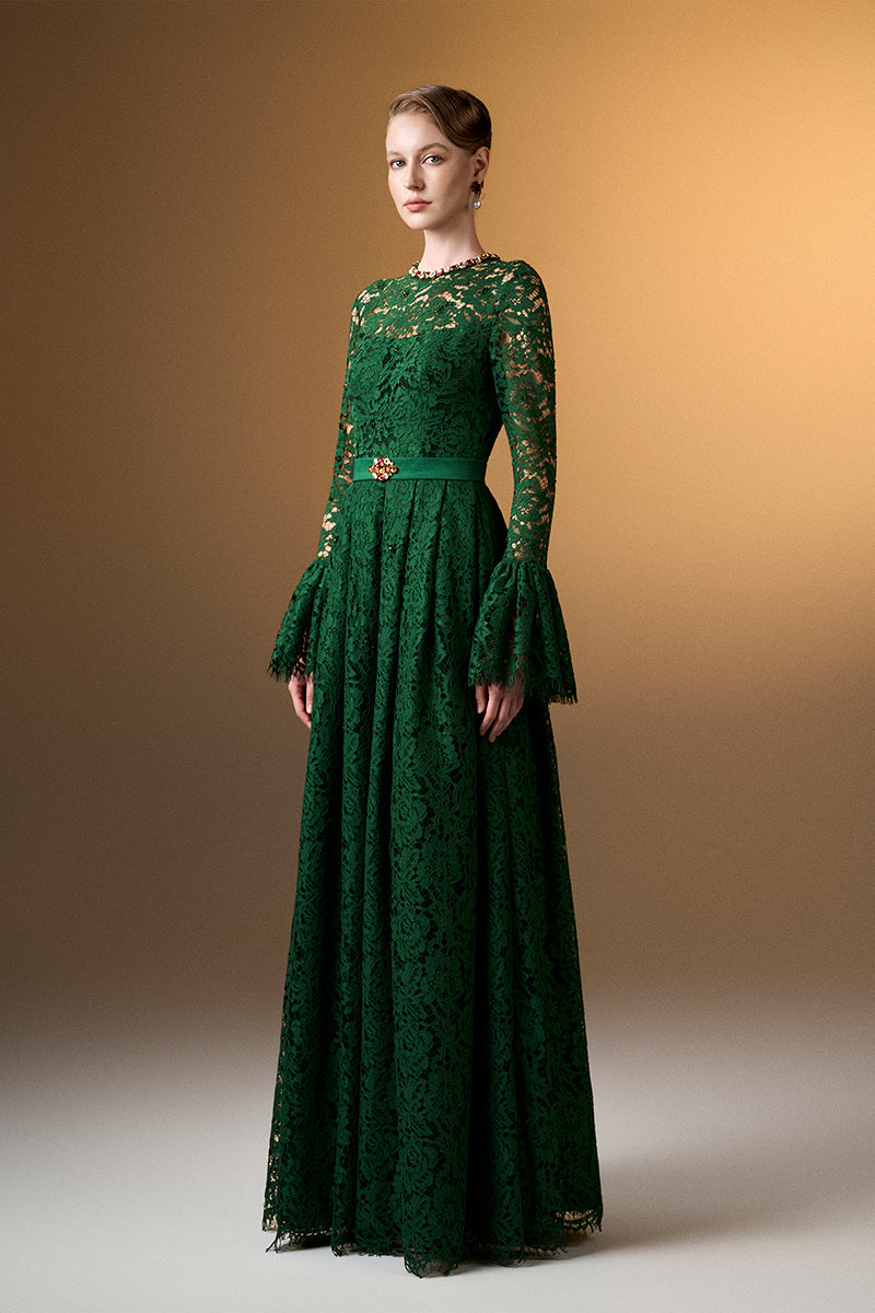 Green round neck A-line gown with ruffle long sleeves in French lace by I.H.F, showcasing elegant design and intricate fabric details.