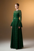 Green round neck A-line gown with ruffle long sleeves in French lace by I.H.F, showcasing elegant design and intricate fabric details.