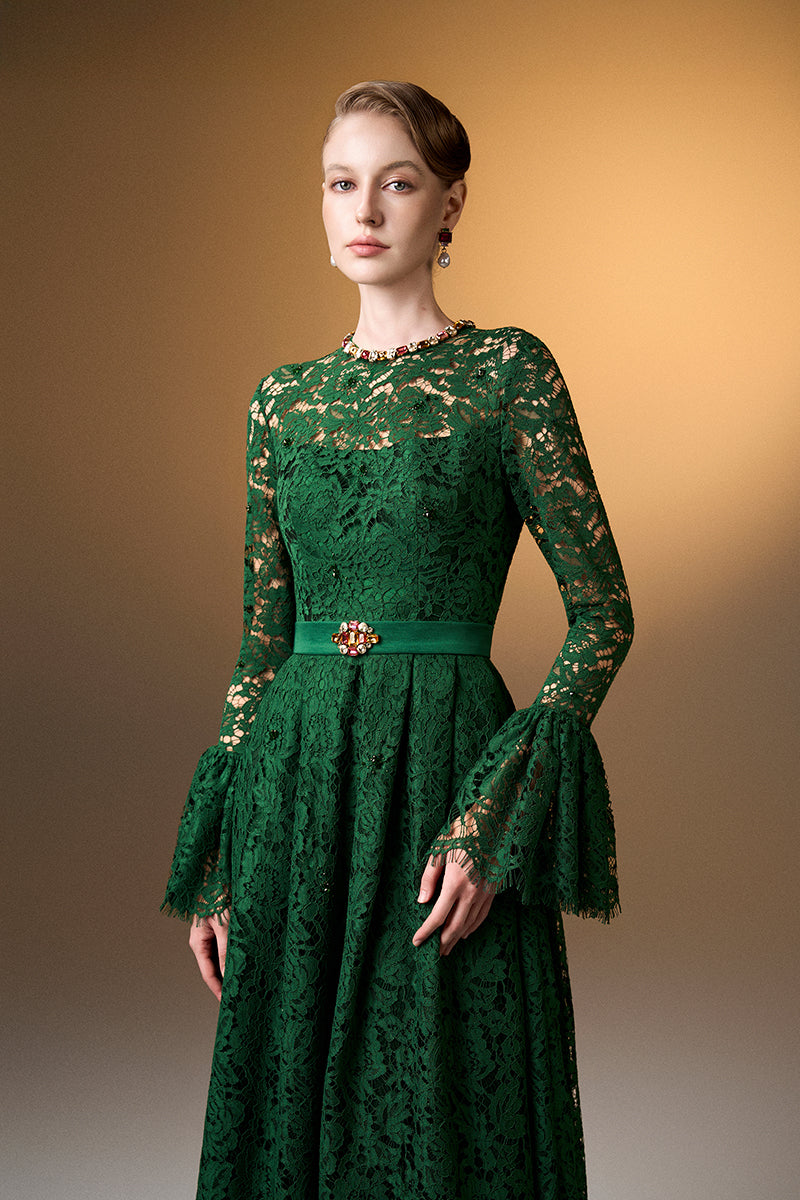 Green round neck A-line gown with ruffles and long lace sleeves by I.H.F, featuring elegant French lace details.