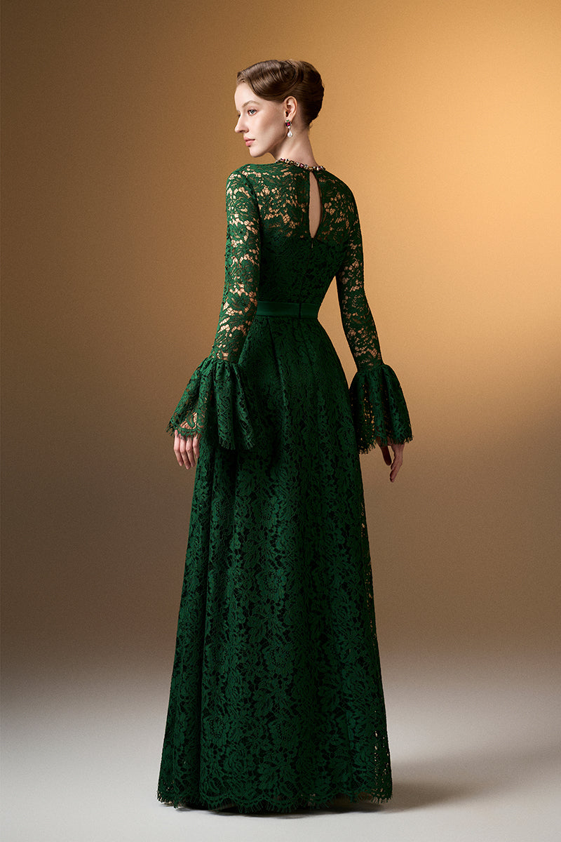 Green round neck A-line gown with ruffle long sleeves in French lace by I.H.F. Elegant dress with intricate lace details.